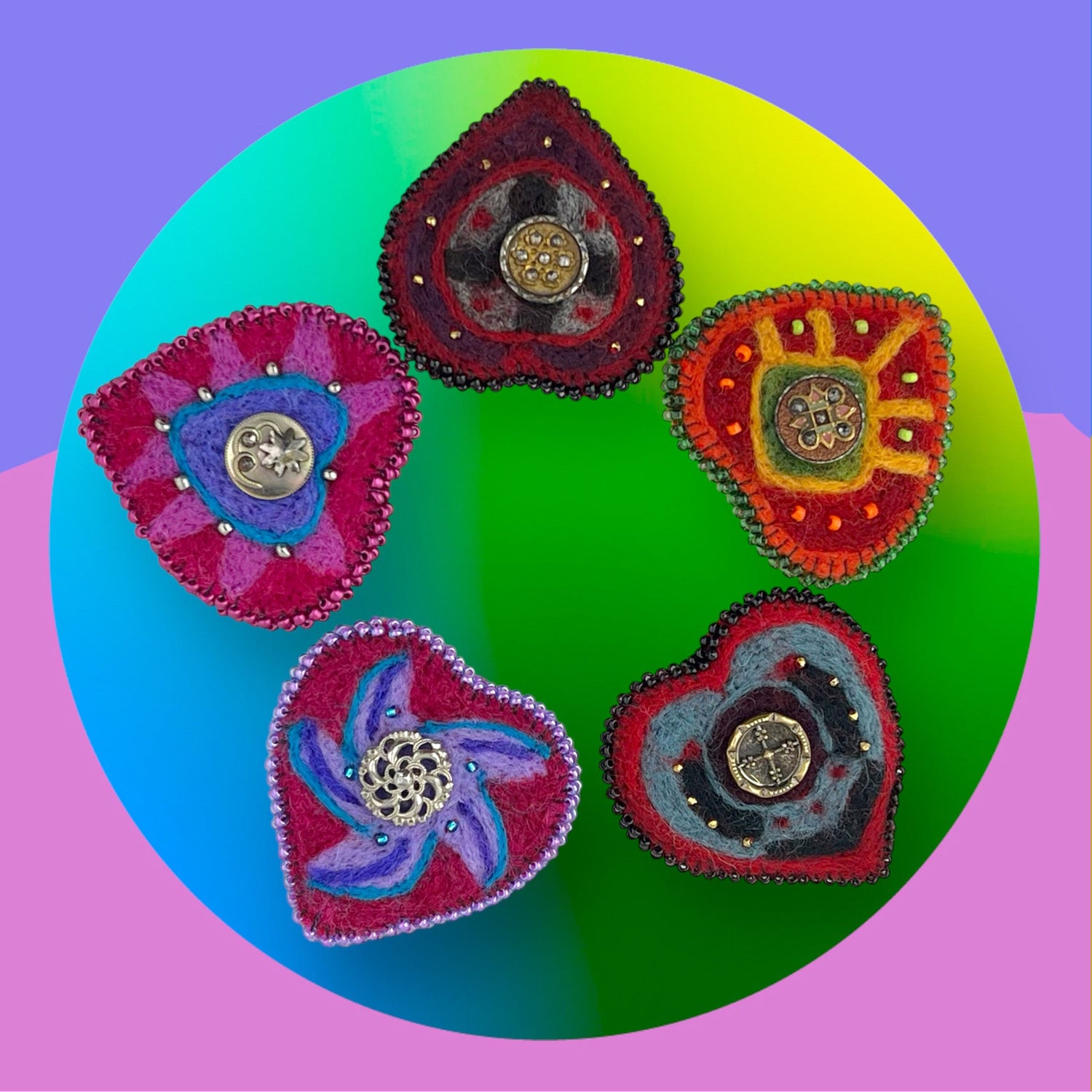 Hand Felted Heart Brooches