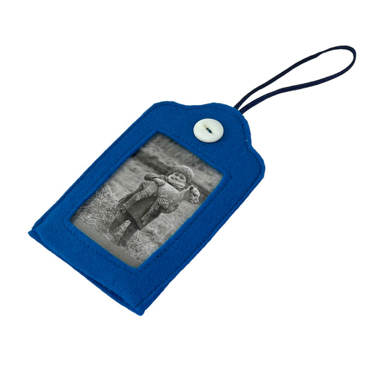 Blue Felt Ornamental Hanging Frame - Black and White Girl with Lamb