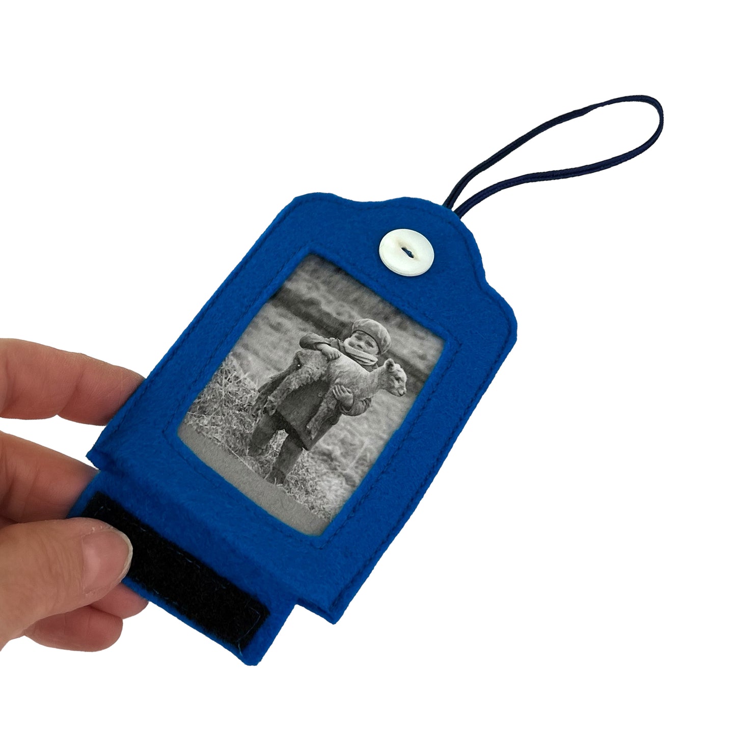 Blue Felt Ornamental Hanging Frame - Black and White Girl with Lamb