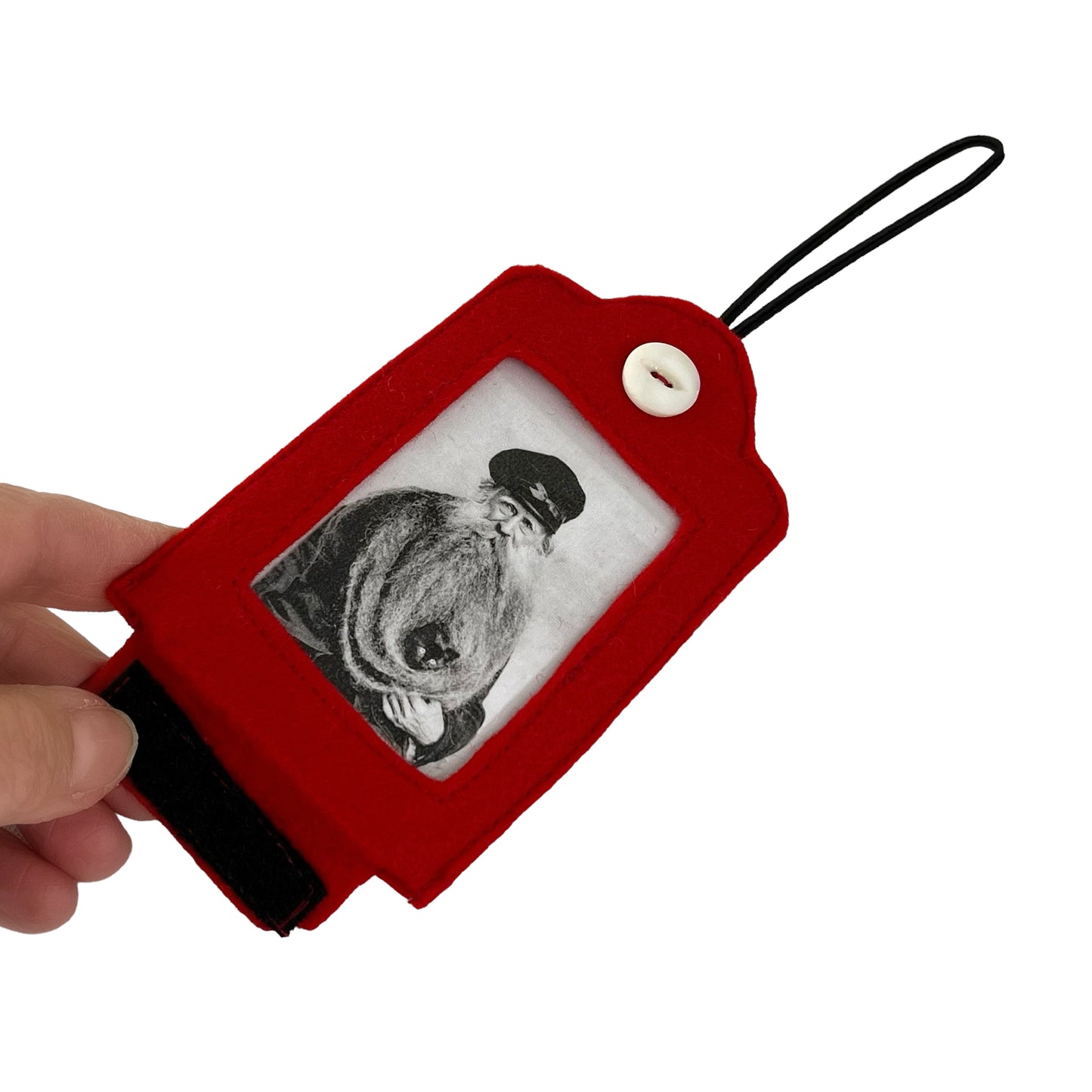 Red Felt Ornamental Hanging Frame - Black and White Man with Cat in Beard
