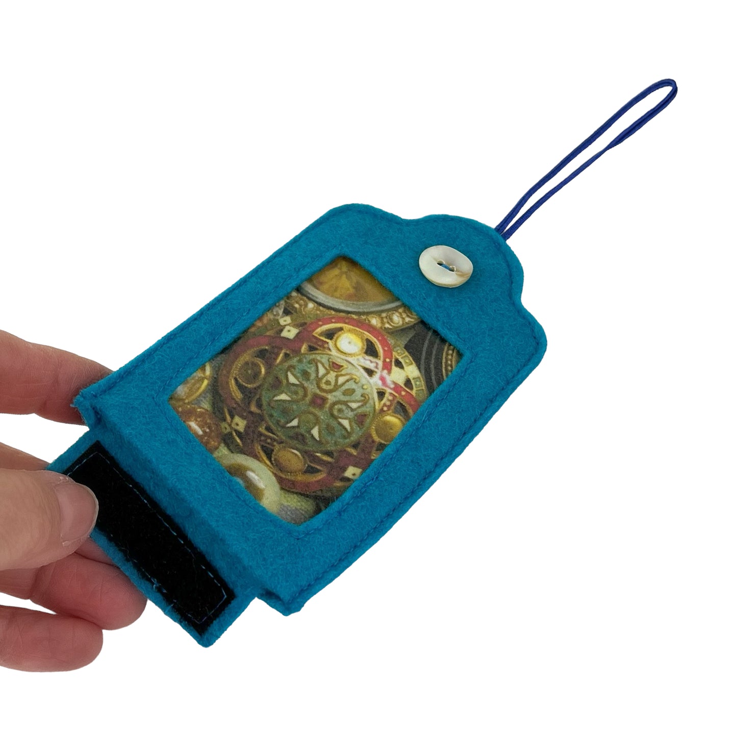 Aqua Blue Felt Ornamental Hanging Frame - Antique Enamel Button