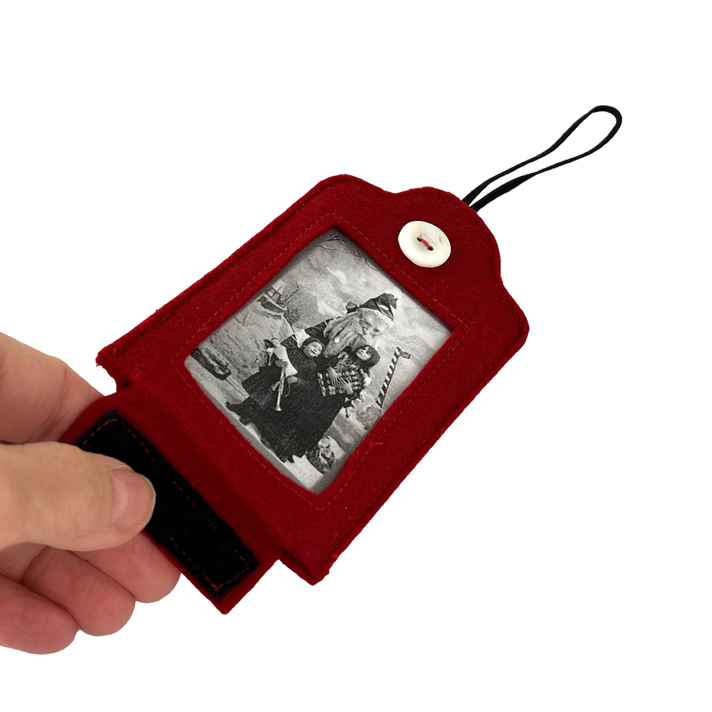 Dark Red Felt Ornamental Hanging Frame - Black and White Vintage Santa Costume