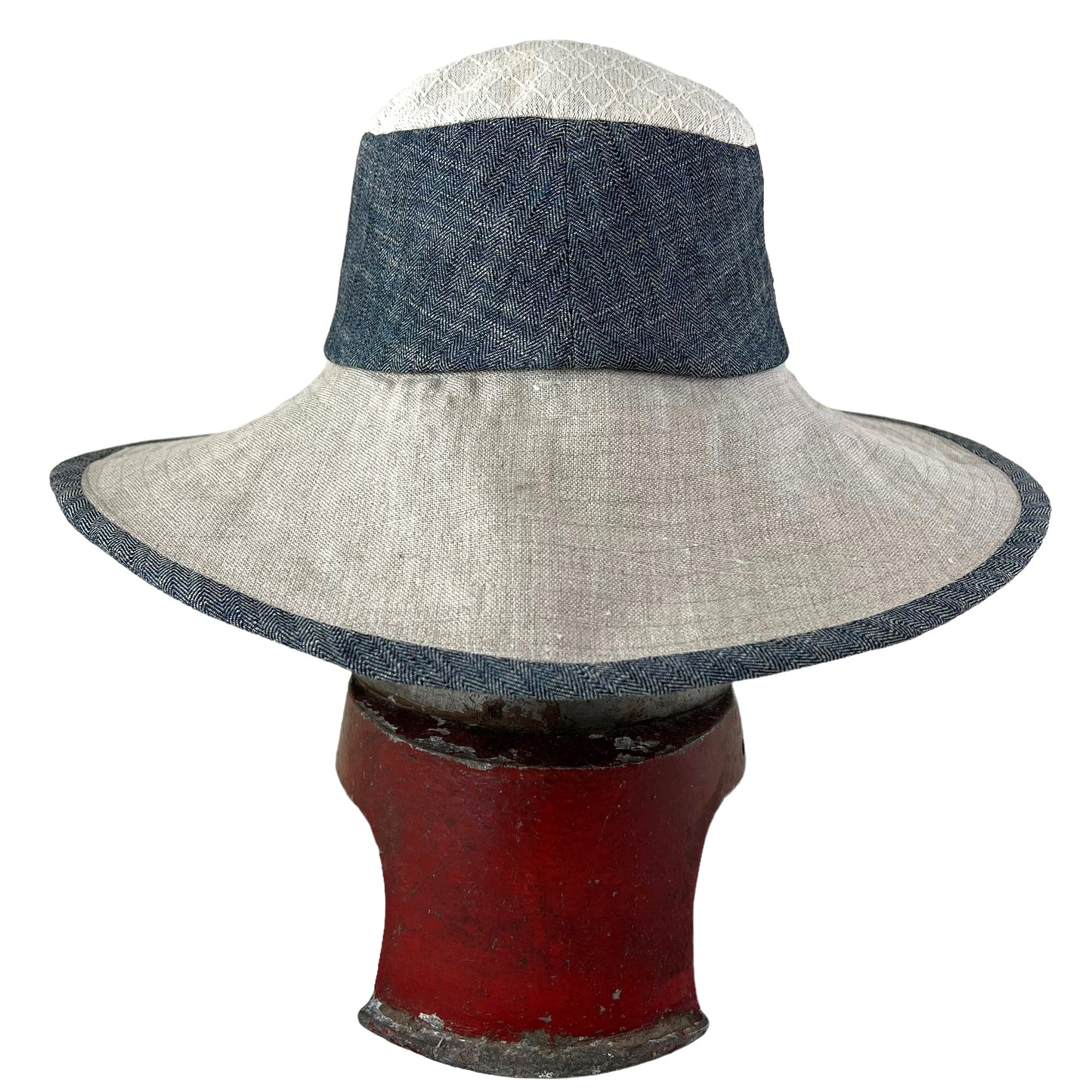 Ever Sun Indigo Blue and Natural Linen Wide Rim Summer Hat Medium Large