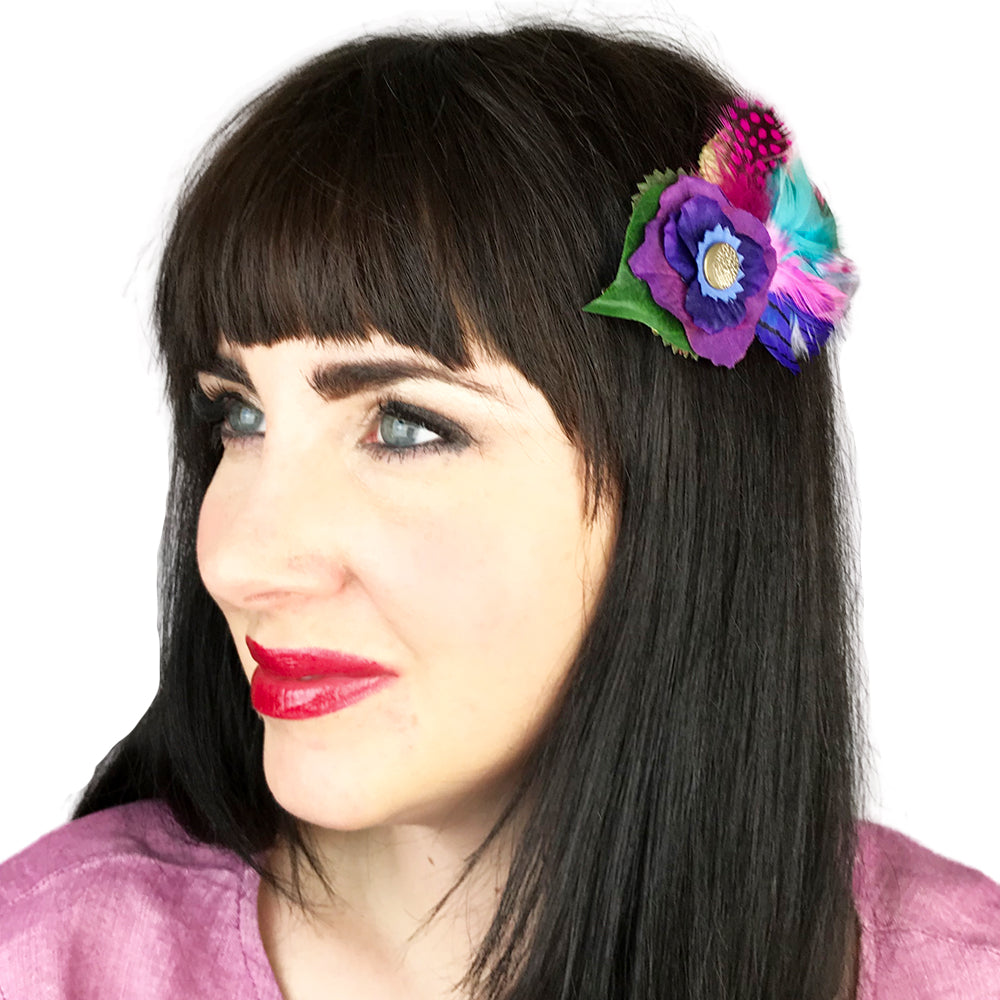 Small Flower Feather Button Hair Clip Purple Pink Light Blue