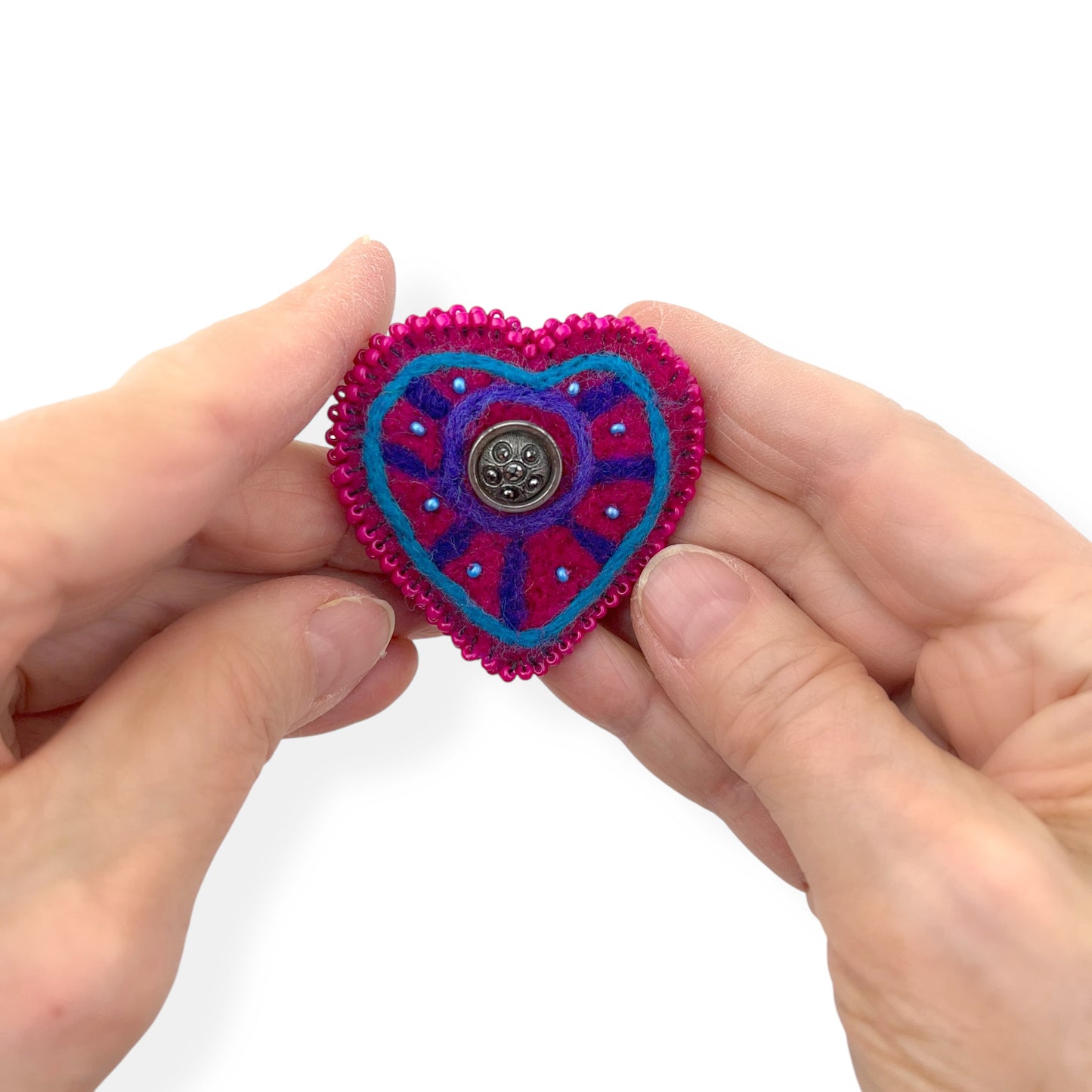 Red and Blue Hand Felted Heart Brooch 2025 Edition #3