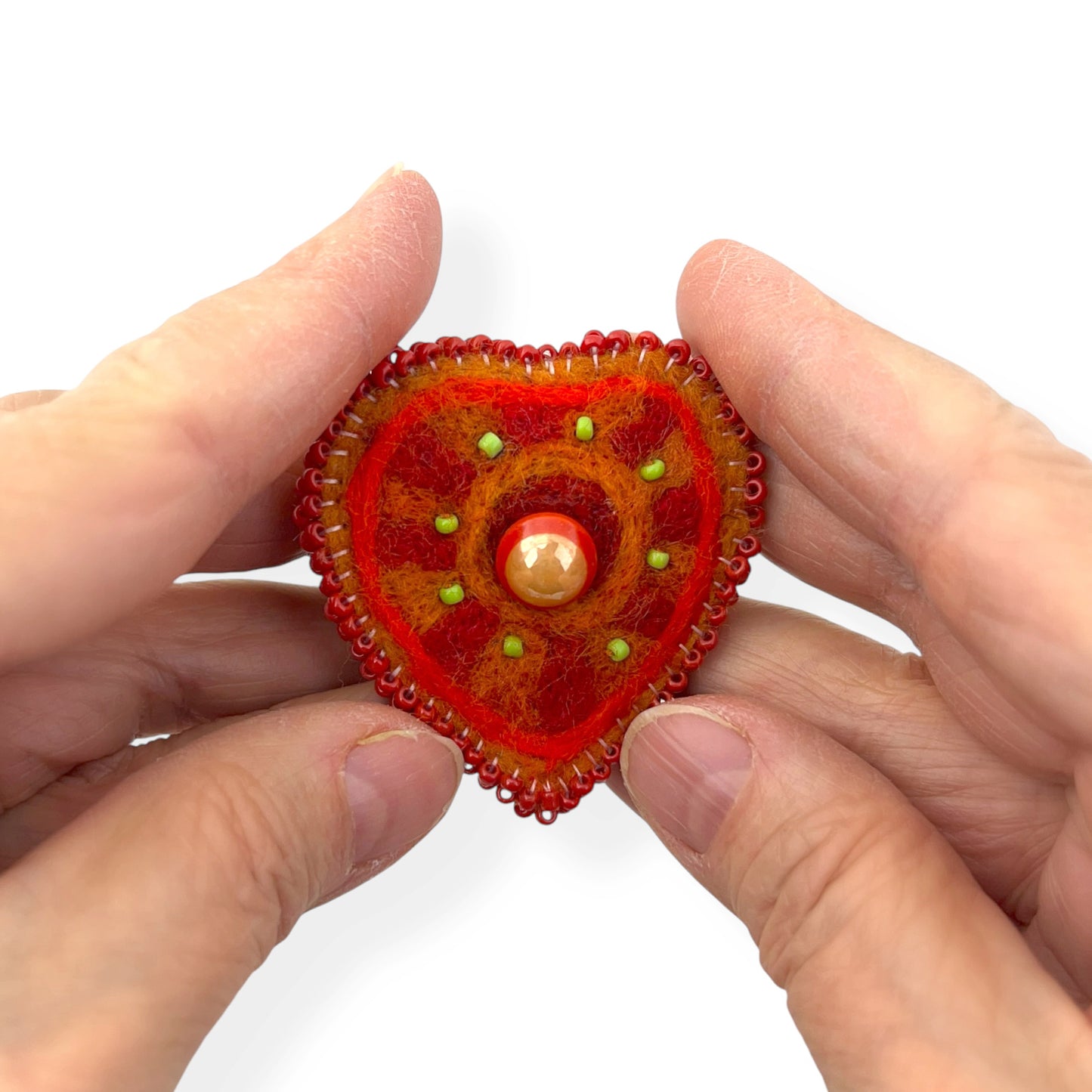 Orange and Red Hand Felted Heart Brooch 2025 Edition #4