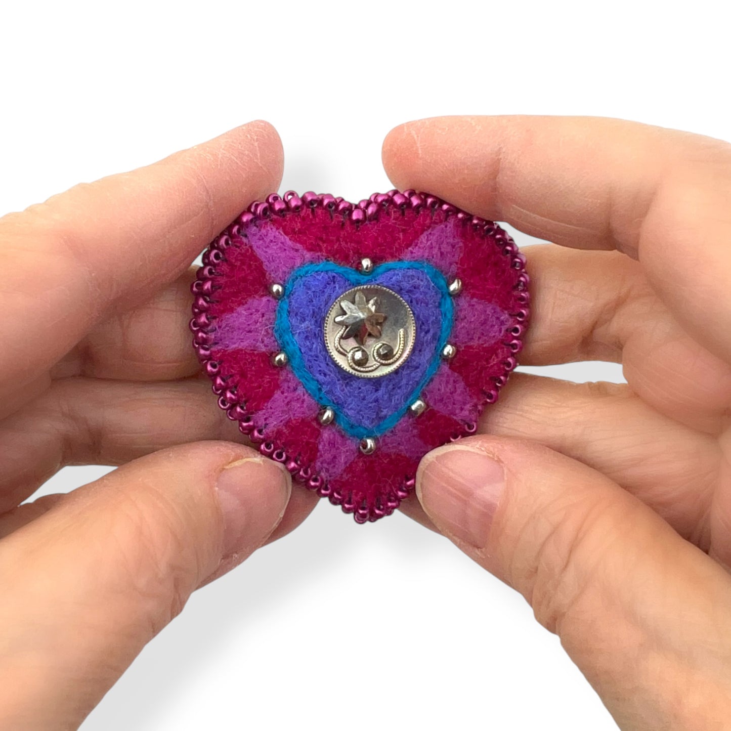 Red and Pink Hand Felted Heart Brooch 2025 Edition #6