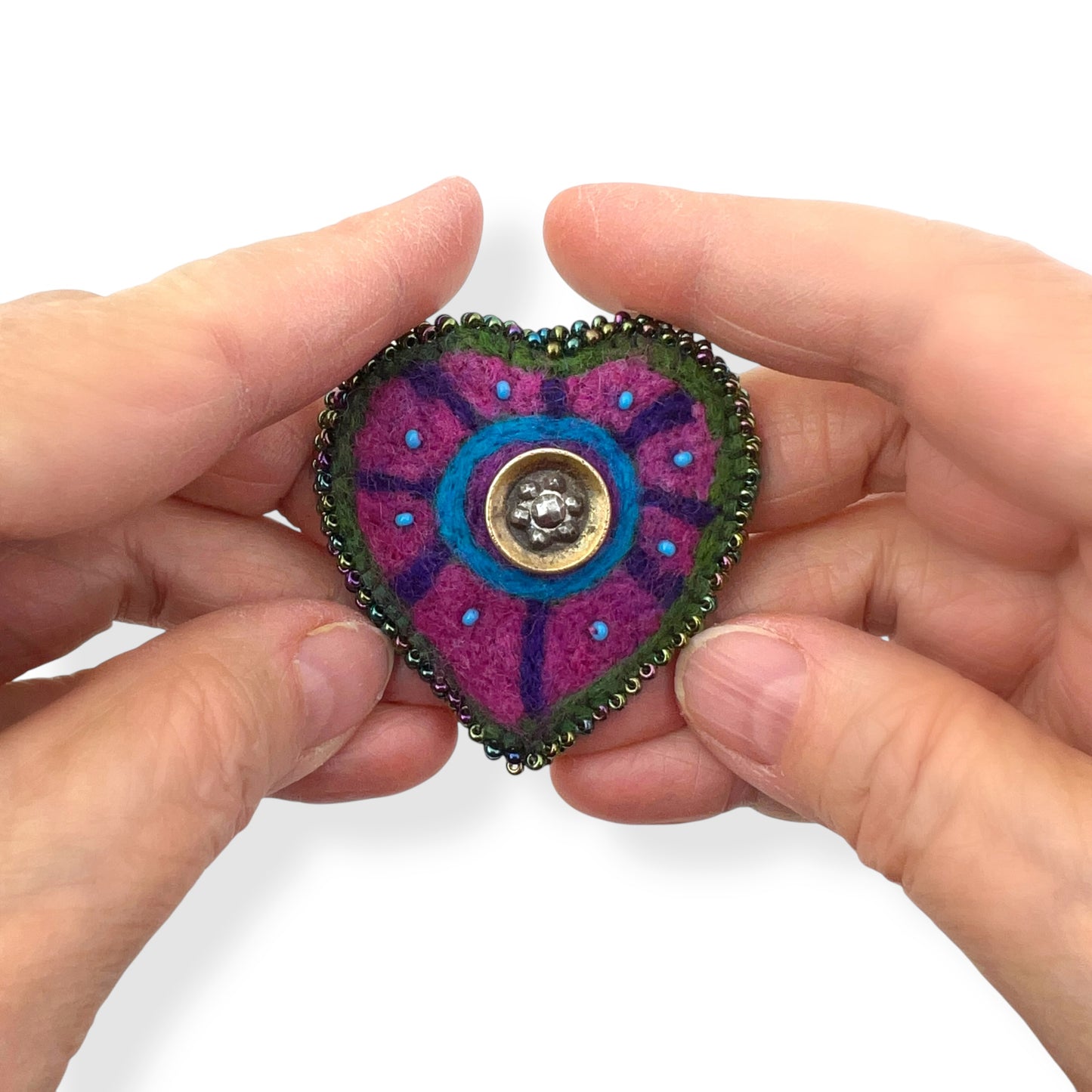 Purple Pink and Green Hand Felted Heart Brooch 2025 Edition #8