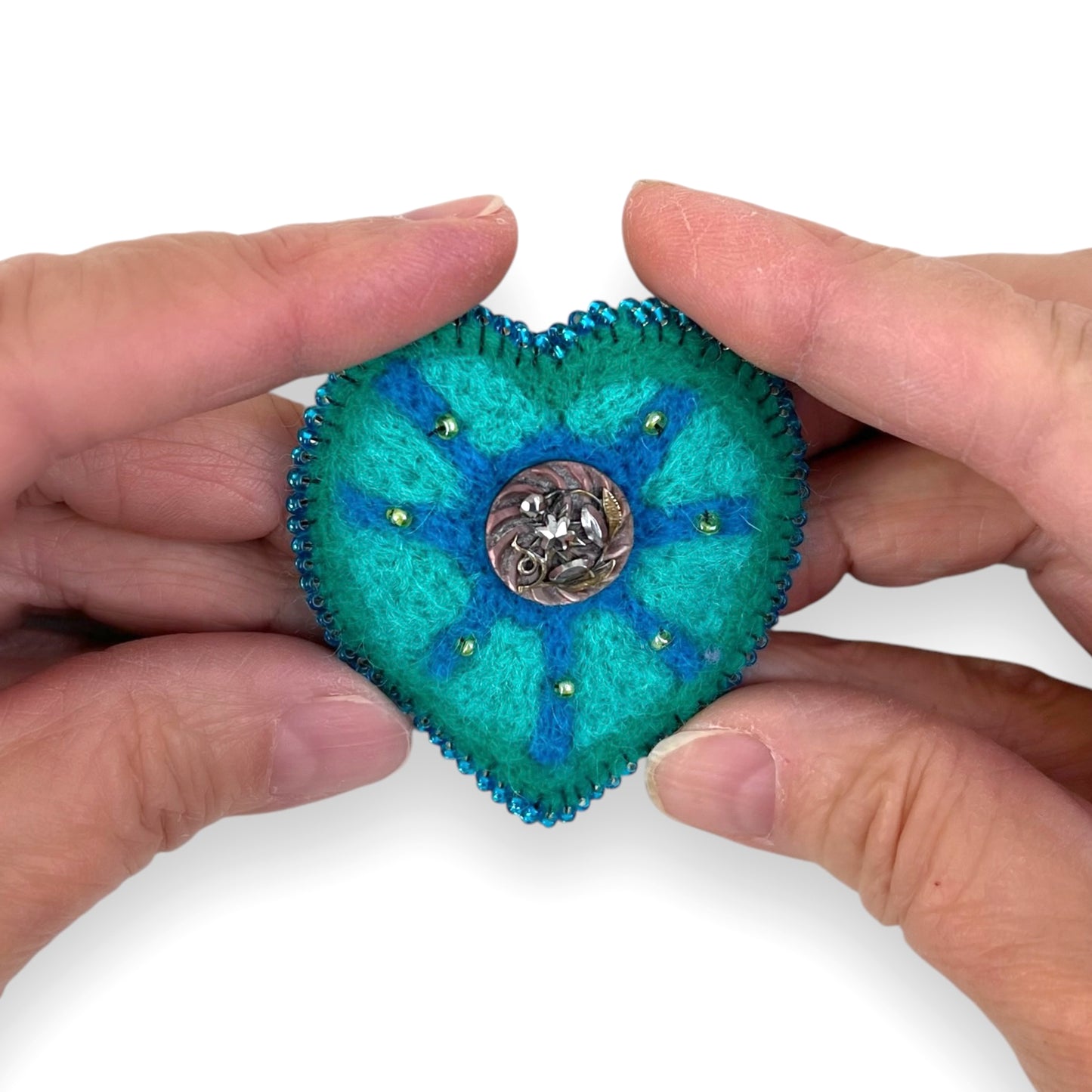 Sea foam Green and Blue Hand Felted Heart Brooch edition #10
