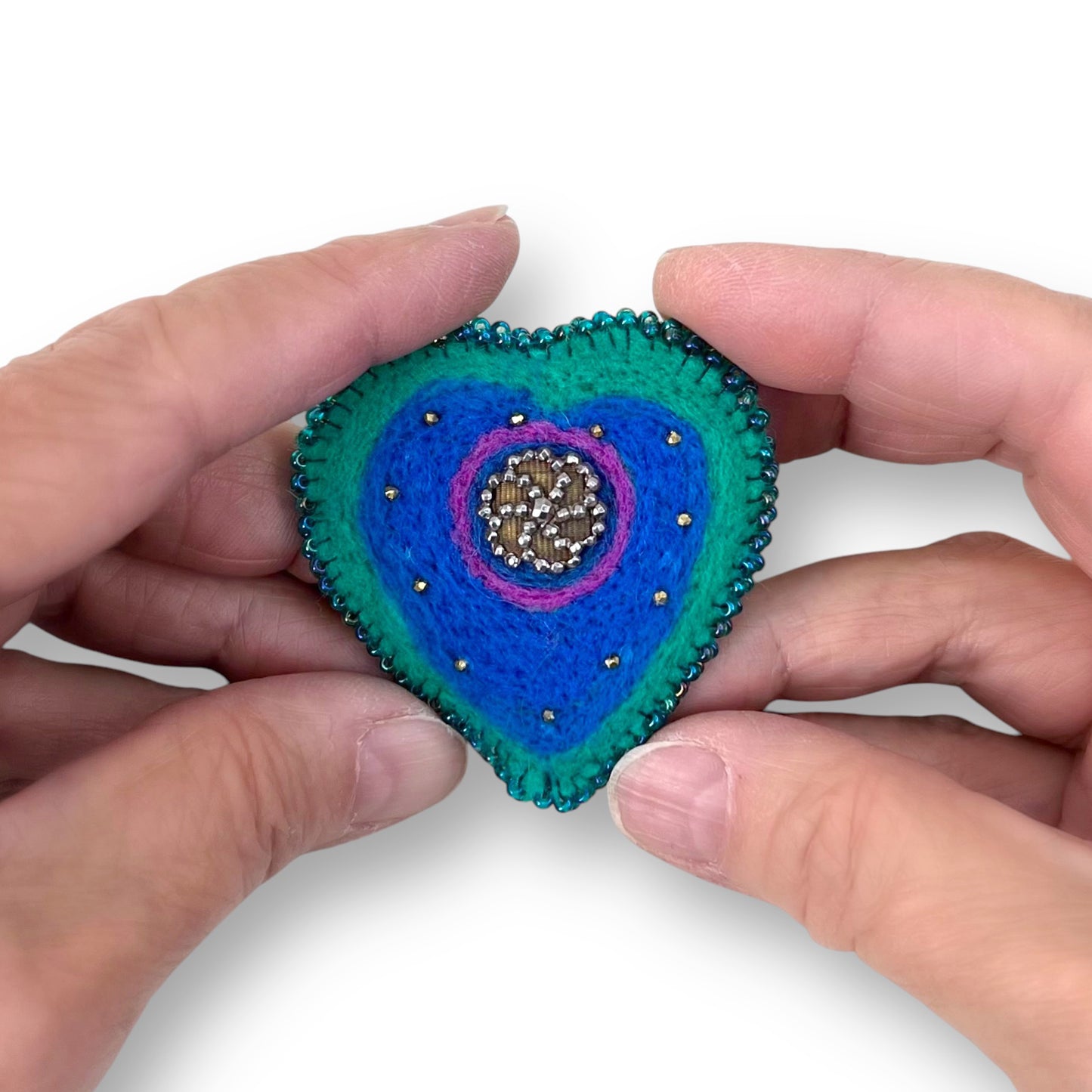Blue and Green Hand Felted Heart Brooch edition #21
