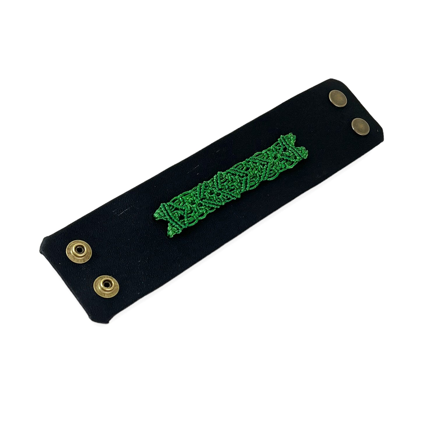 Kelly Green Macrame Black Leather Wrist Snap Cuff Size 4