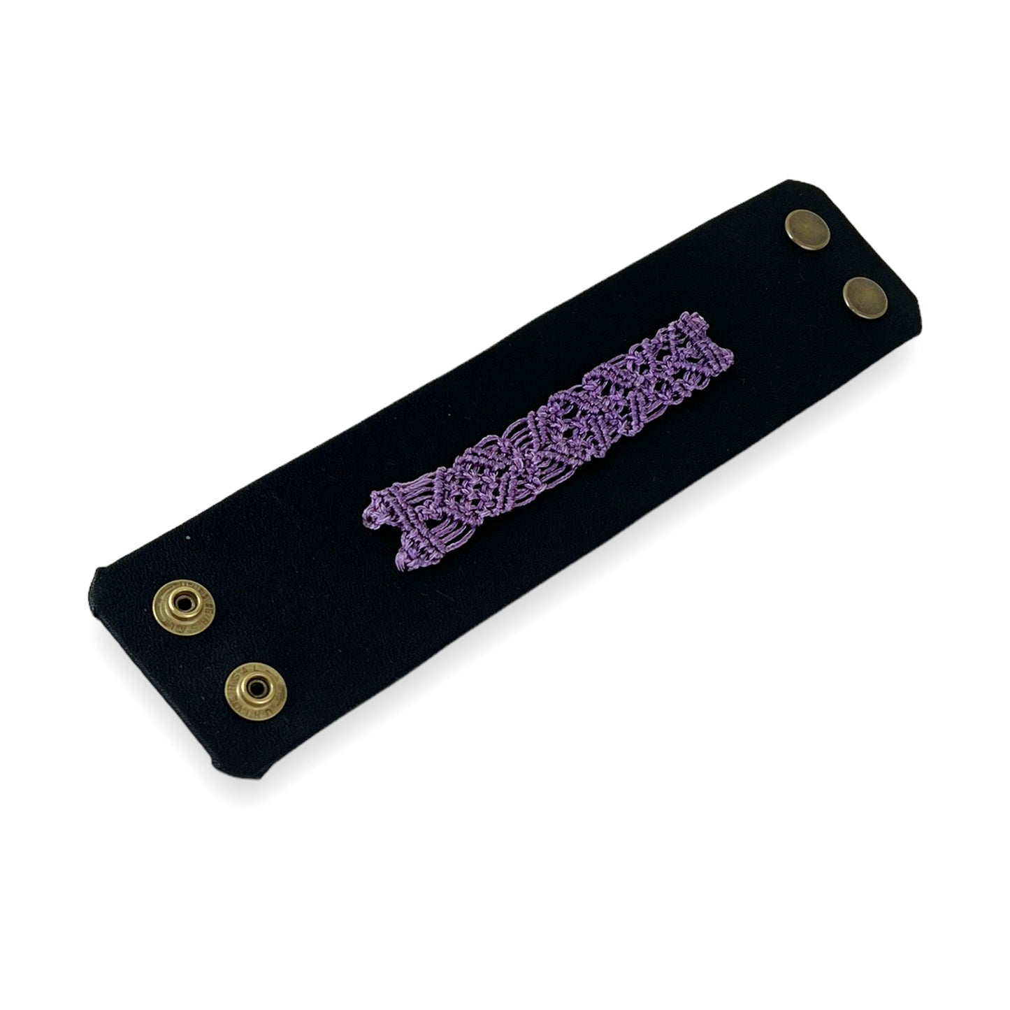 Lilac Macrame Black Leather Wrist Snap Cuff Size 4