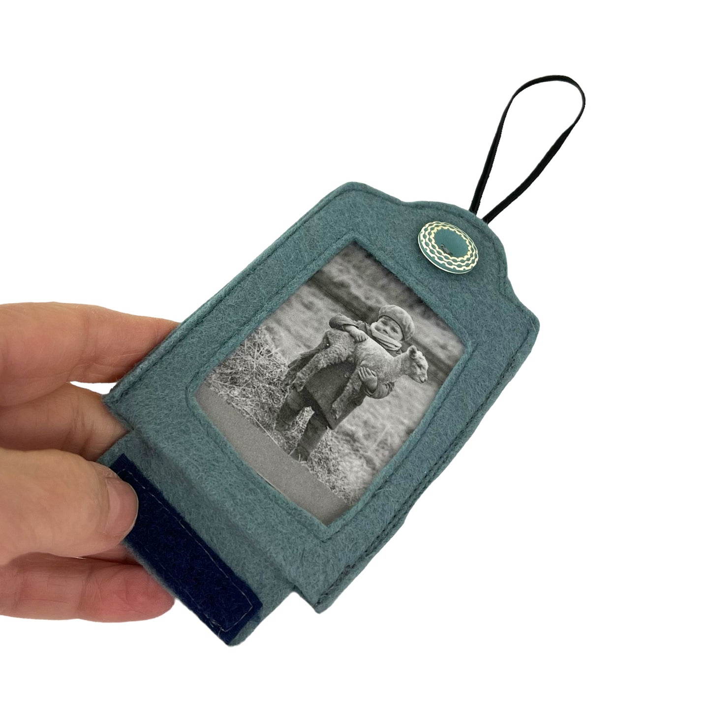 Blue Felt Ornamental Hanging Frame - Black and White Child with Lamb in Arms