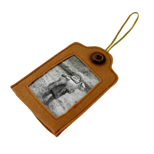 Tan Felt Ornamental Hanging Frame Black and White Girl holding a Lamb