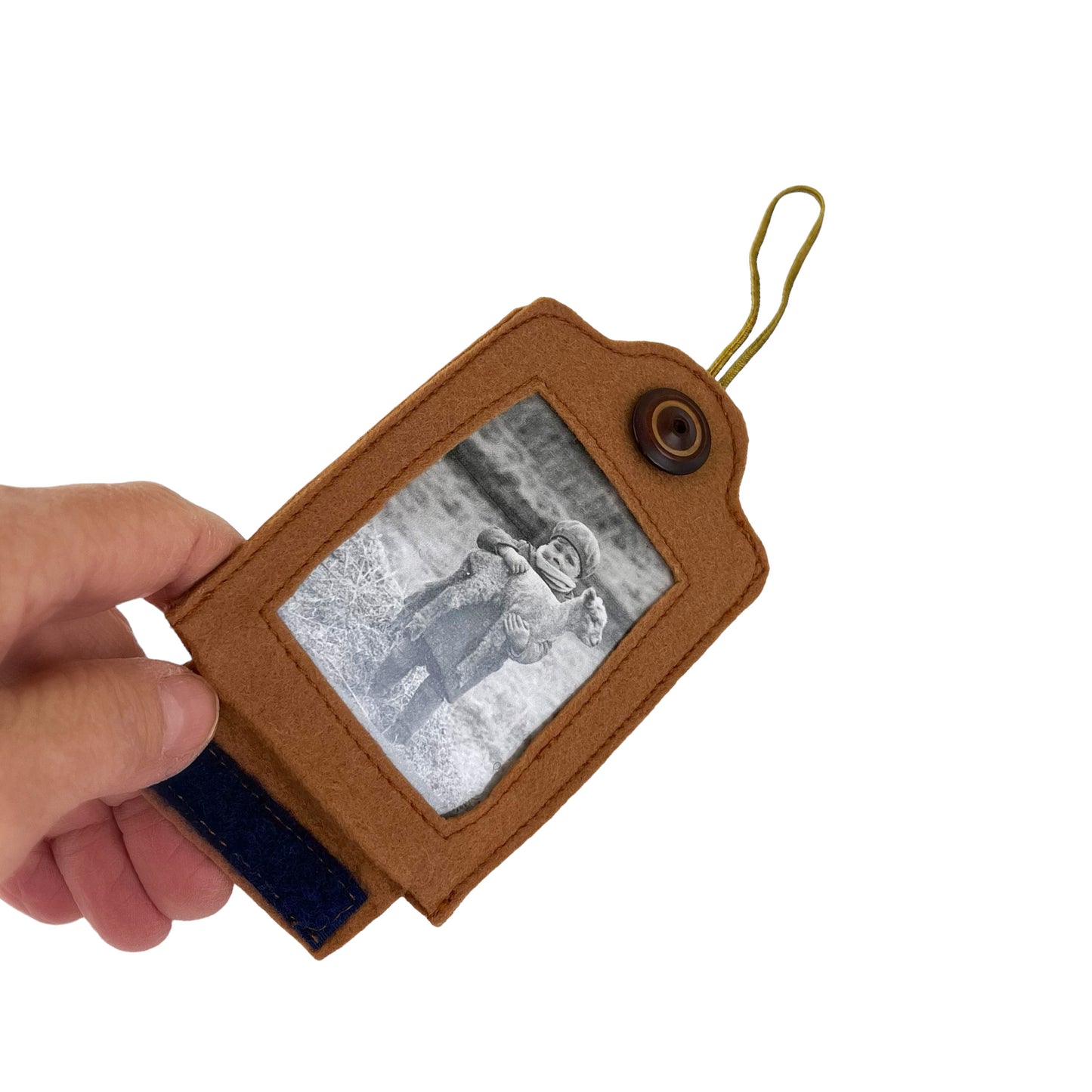 Tan Felt Ornamental Hanging Frame Black and White Girl holding a Lamb