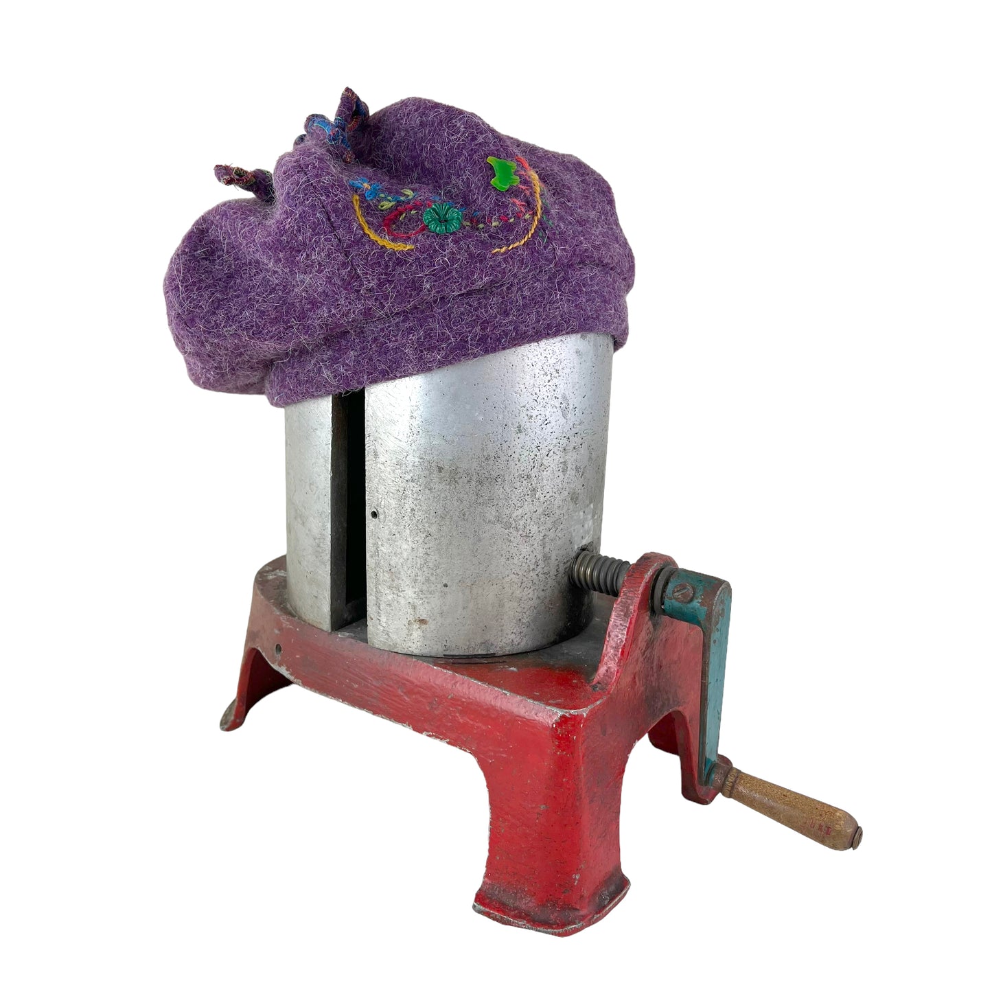 Purple Pumpkin Wool Knit Beret Tam Medium to Large Lime Button PPE3