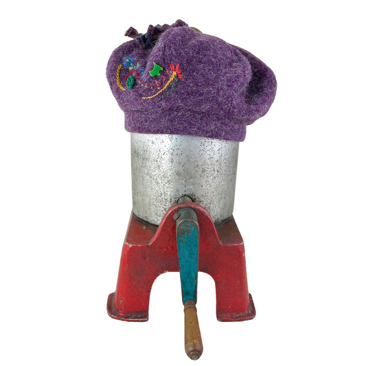 Purple Pumpkin Wool Knit Beret Tam Medium to Large Lime Button PPE3