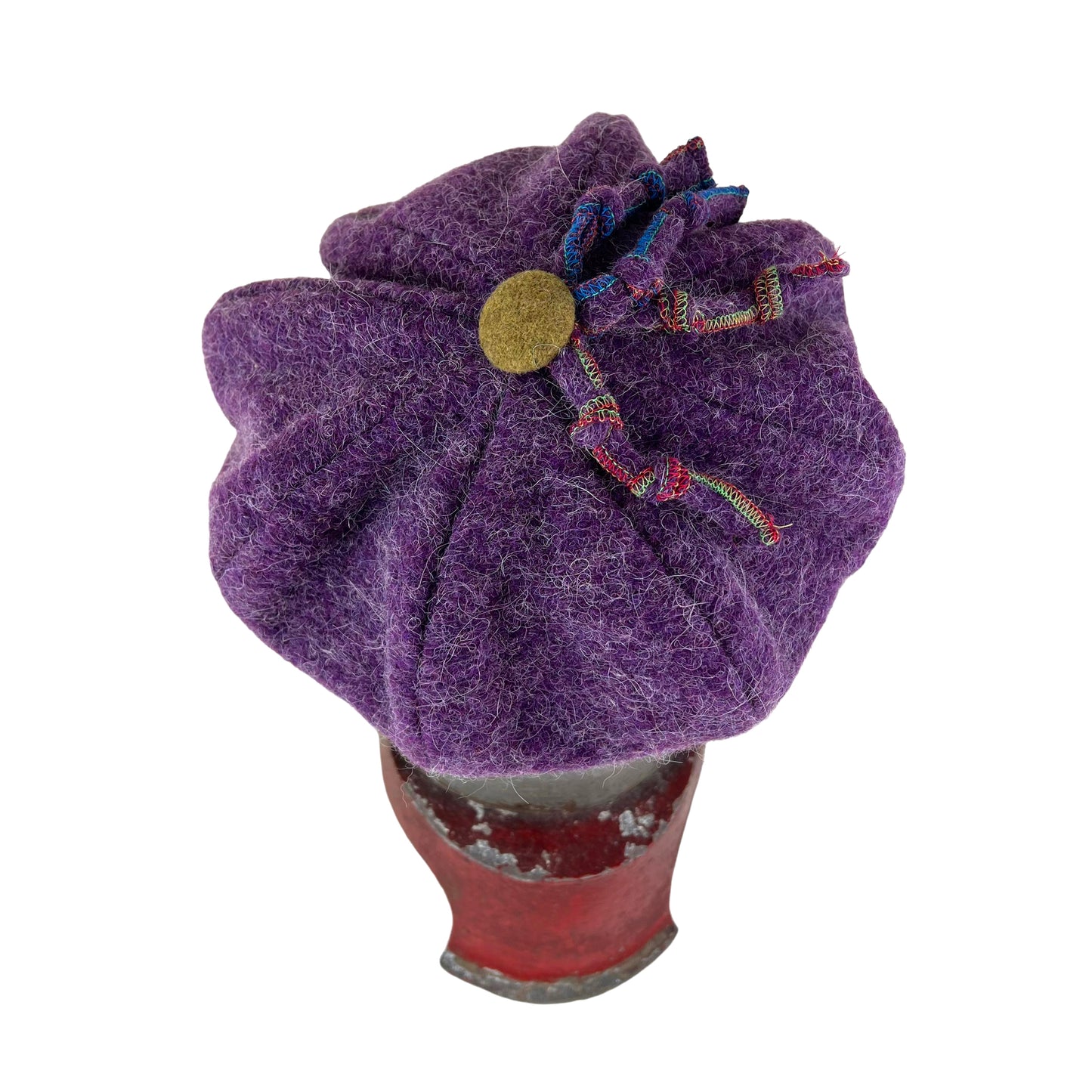 Purple Pumpkin Wool Knit Beret Tam Medium to Large Lime Button PPE3