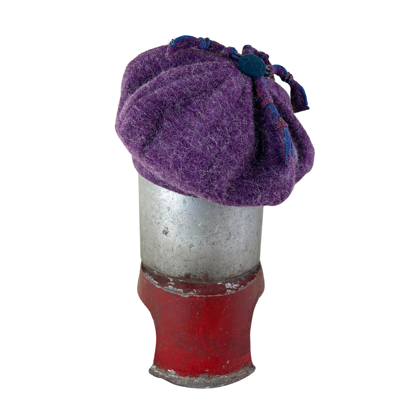 Purple Pumpkin Wool Knit Beret Tam Medium to Large Teal Blue Button PPE4