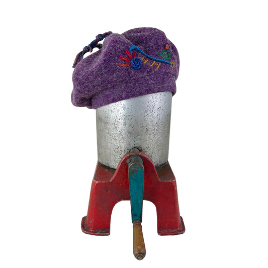 Purple Pumpkin Wool Knit Beret Tam Medium to Large Teal Blue Button PPE4