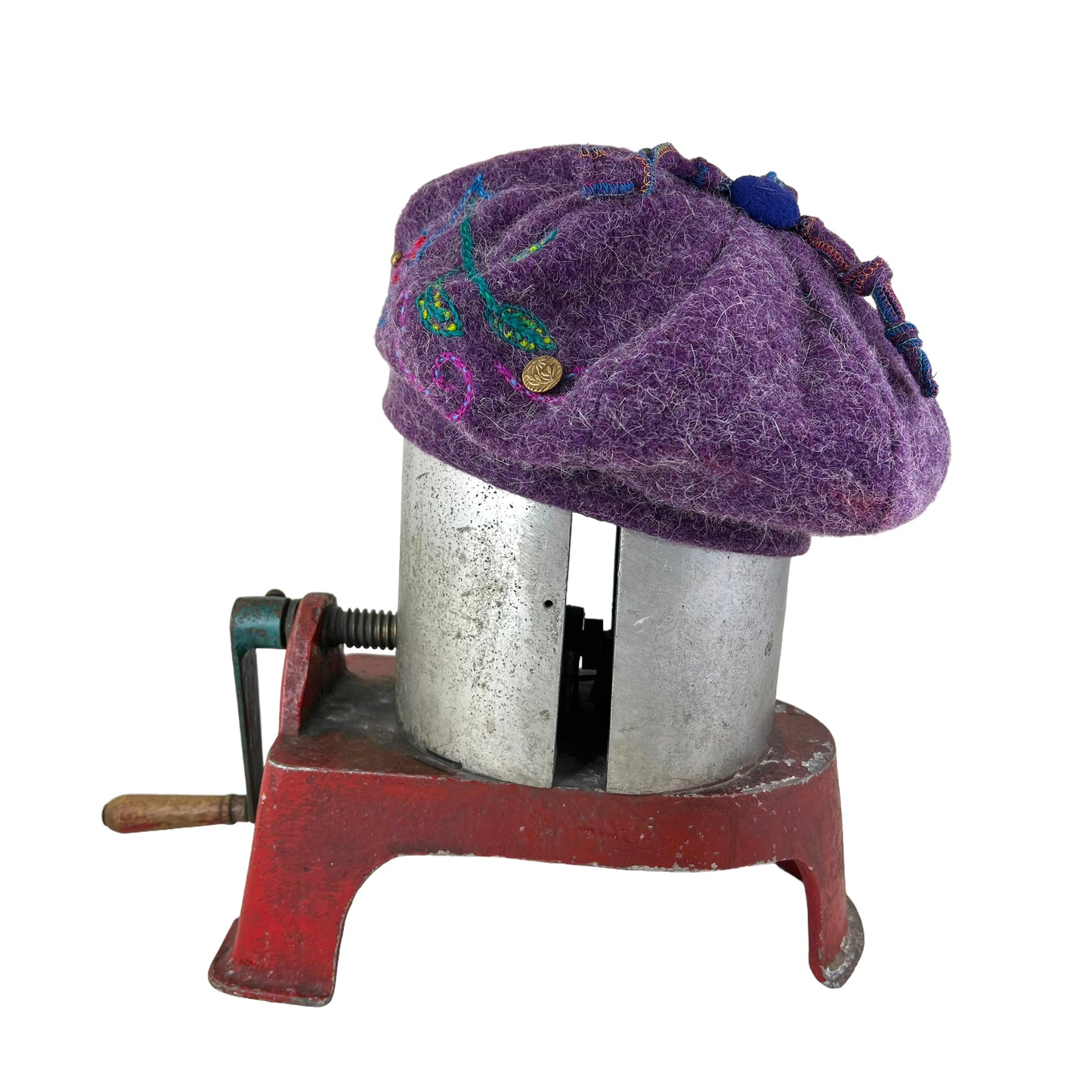 Purple Pumpkin Wool Knit Beret Tam Medium to Large Royal Blue Button PPE5