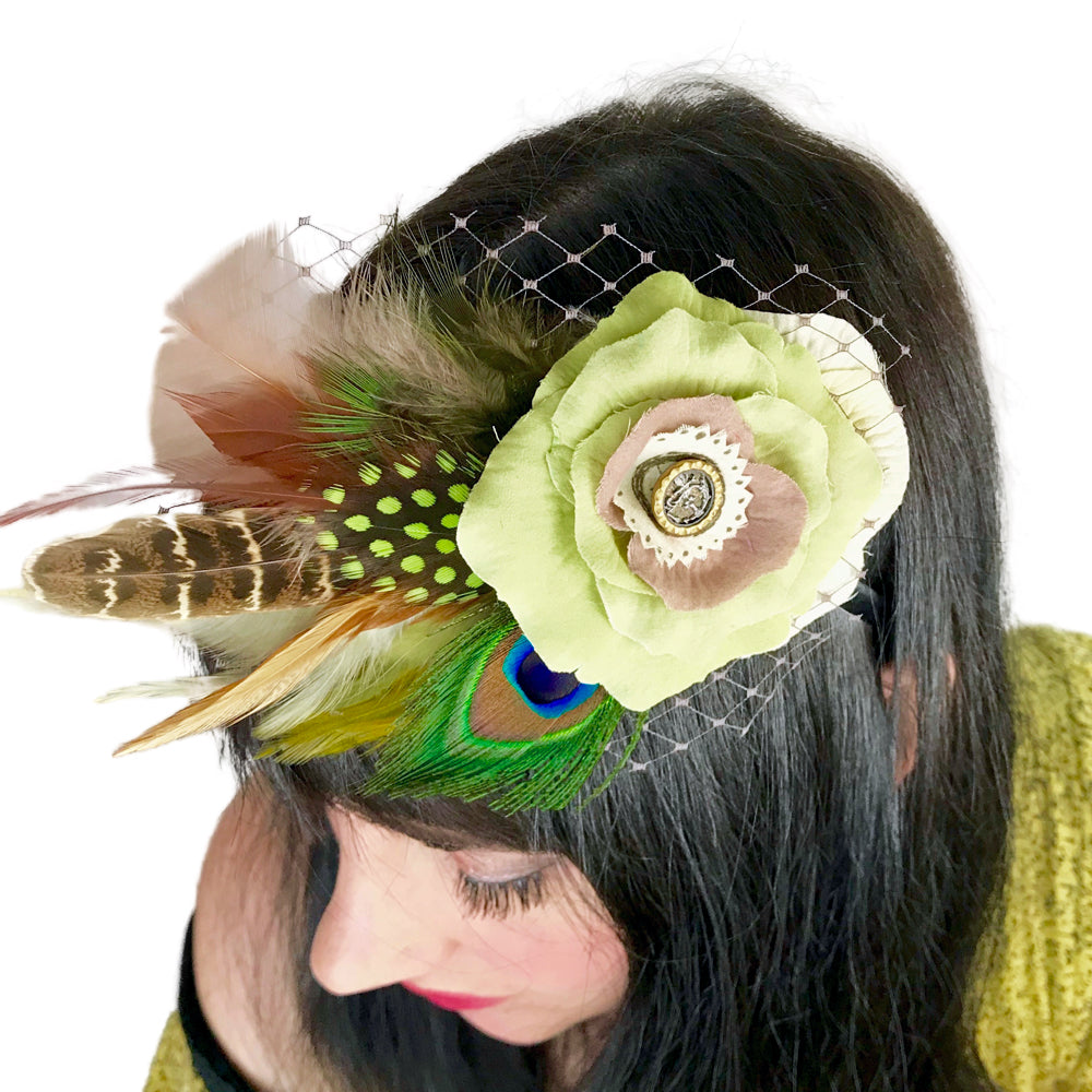 Green Chartreuse Rose Peacock Feather Fascinator Hair Clip edition #13