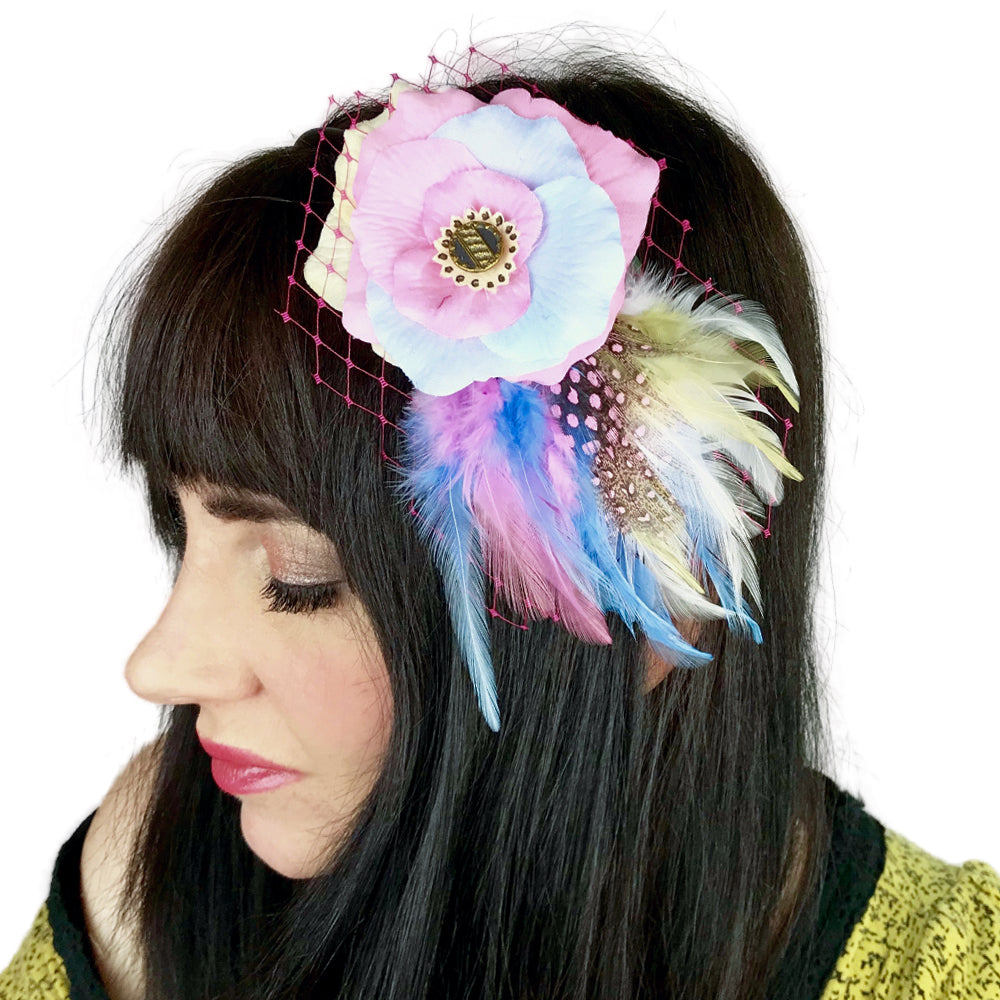 Pink Blue Rose Fascinator Hair Clip