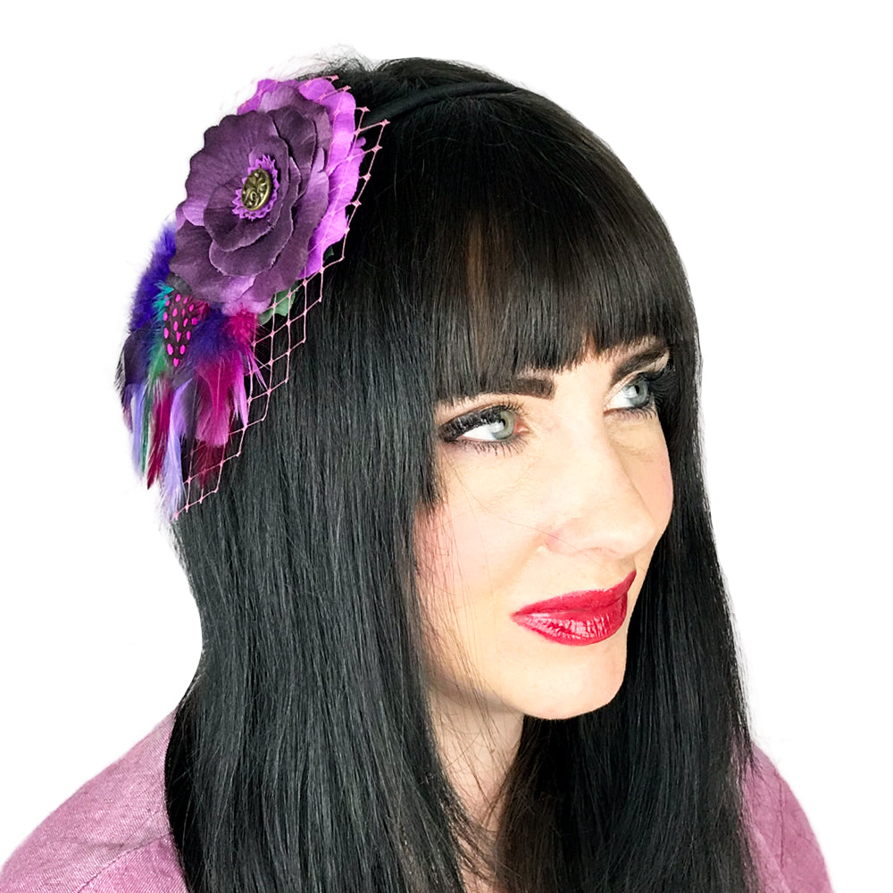 Purple Rose Feather Fascinator Hair Clip