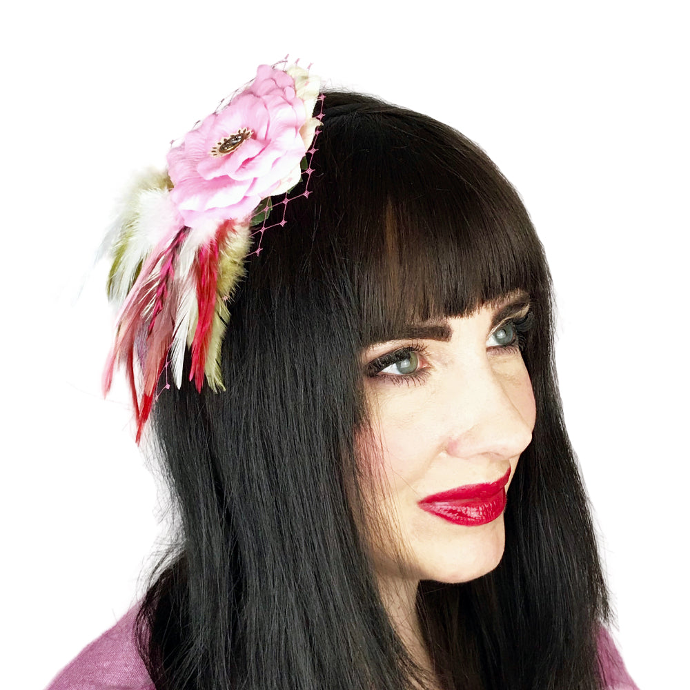 Pink Rose Feather Fascinator Hair Clip edition # 42