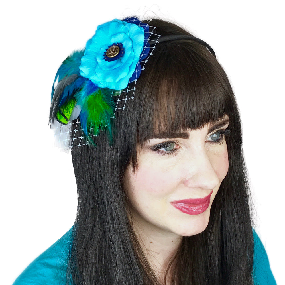 Blue Turquoise Rose Fascinator Feather Hair Clip