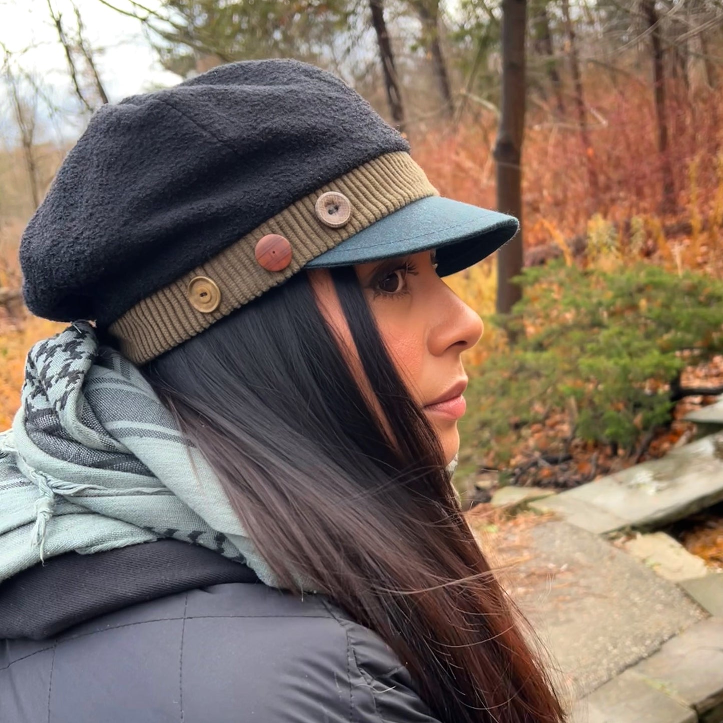 The Rowan Wool Bouclé Cap Medium Olive Band Blue Peak