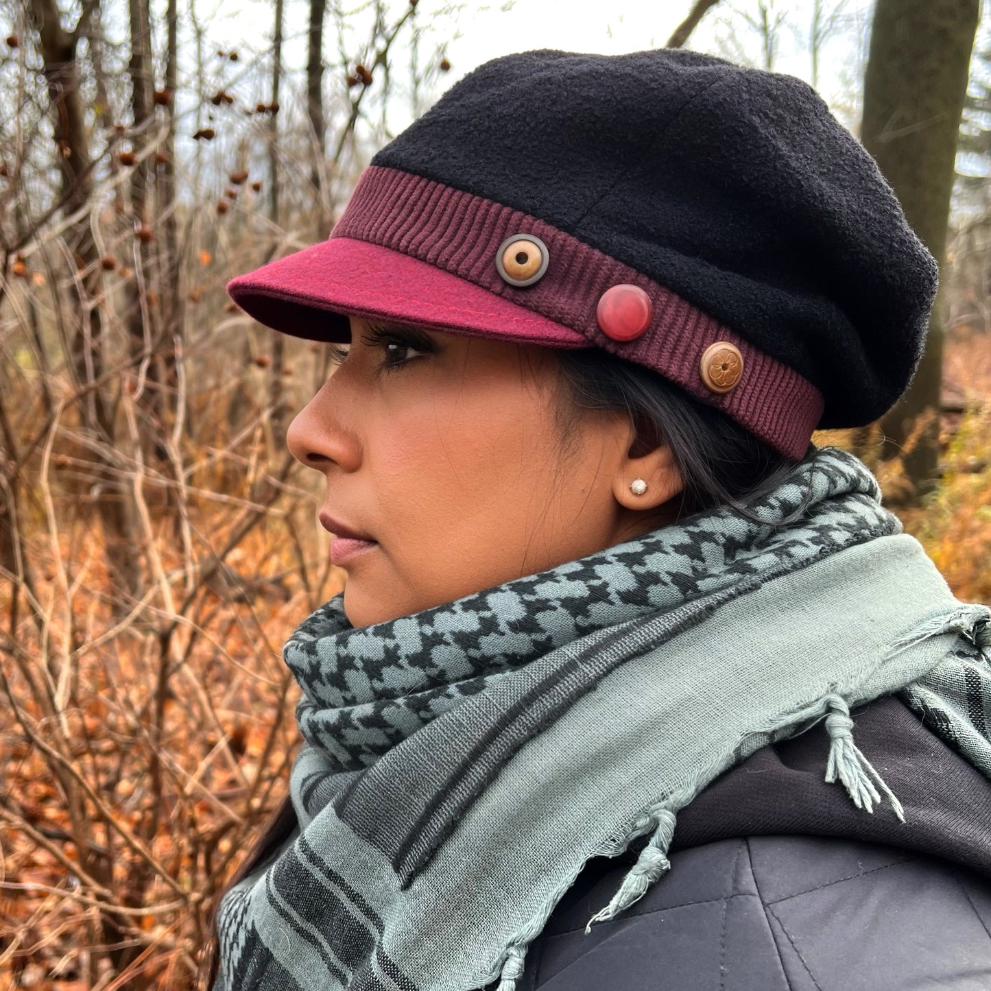 The Rowan Wool Bouclé Cap Medium Large Wine Peak Plum Band