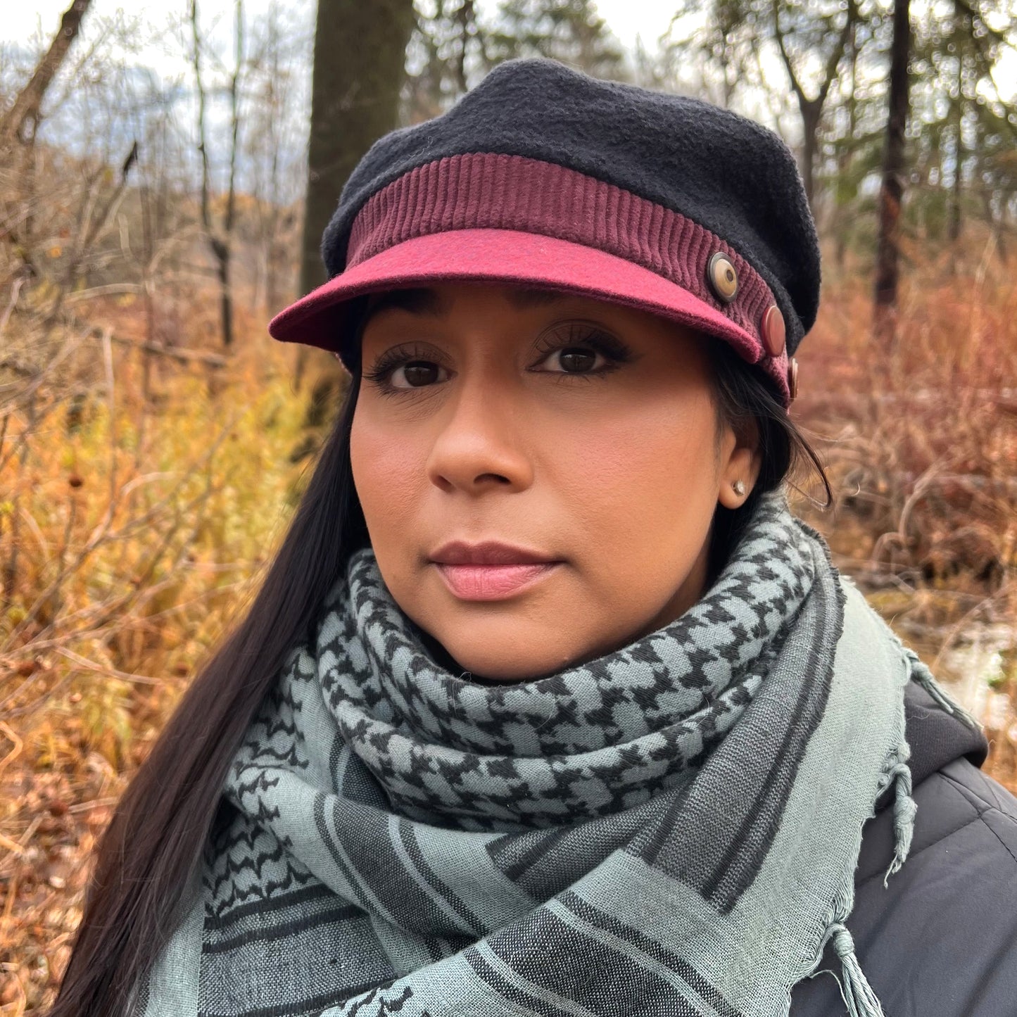 The Rowan Wool Bouclé Cap Medium Large Wine Peak Plum Band