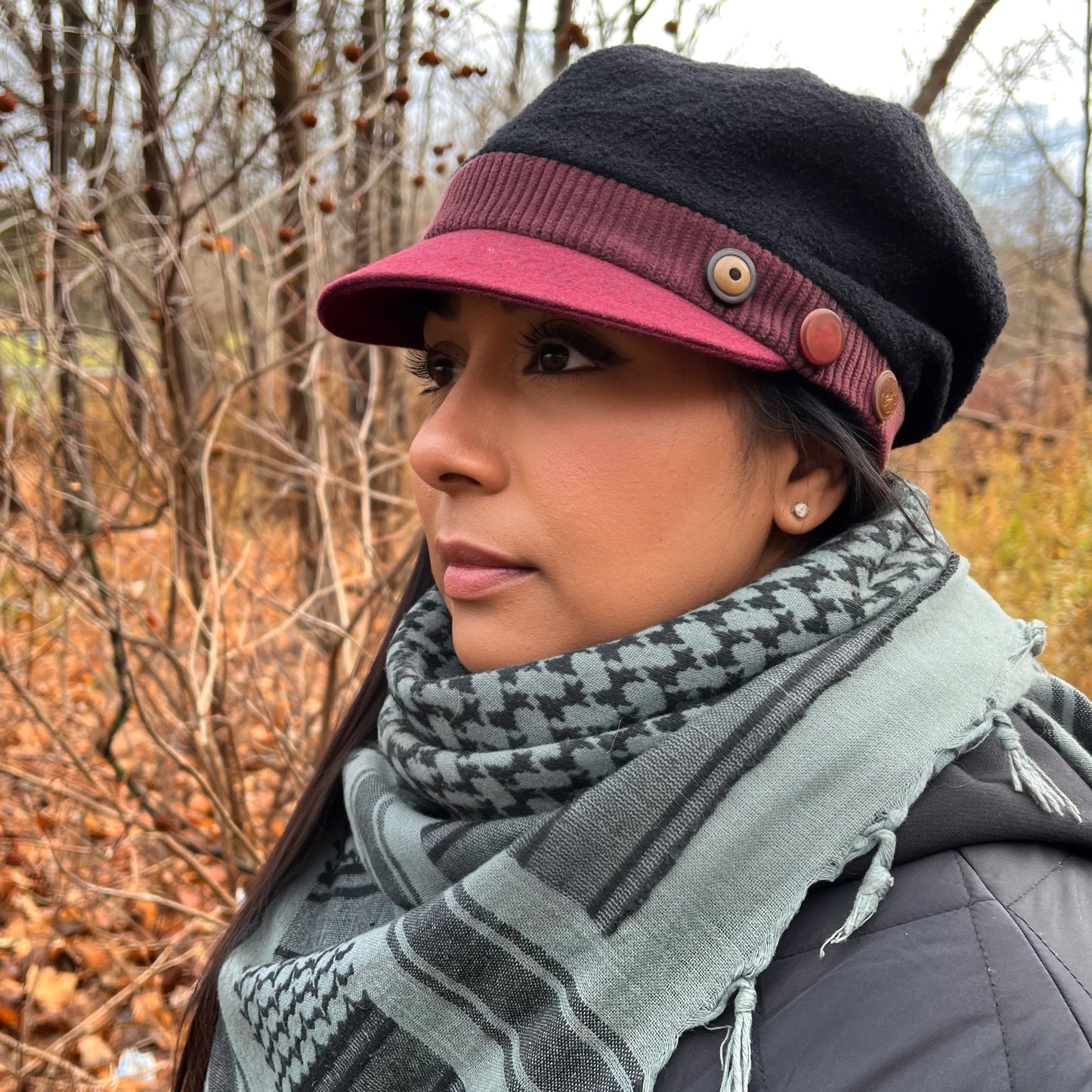 The Rowan Wool Bouclé Cap Medium Large Wine Peak Plum Band