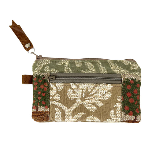Beige Green Ivory Patchwork Tapestry Zipper Card Wallet