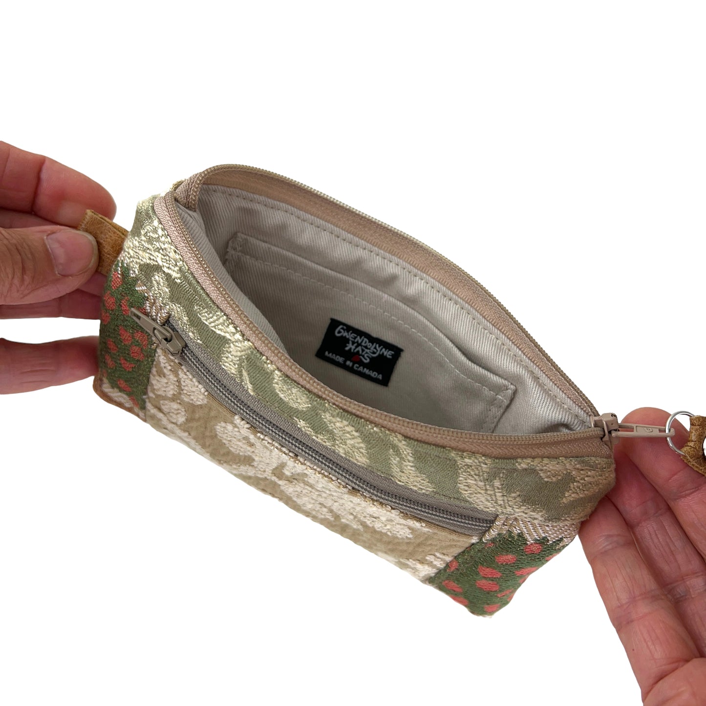 Beige Green Ivory Patchwork Tapestry Zipper Card Wallet
