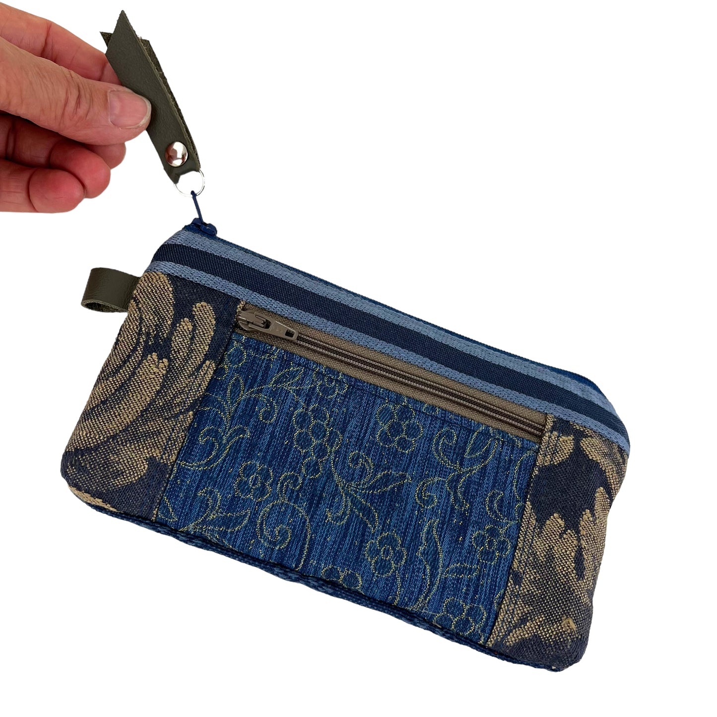 Blue Taupe Patchwork Tapestry Zipper Card Wallet