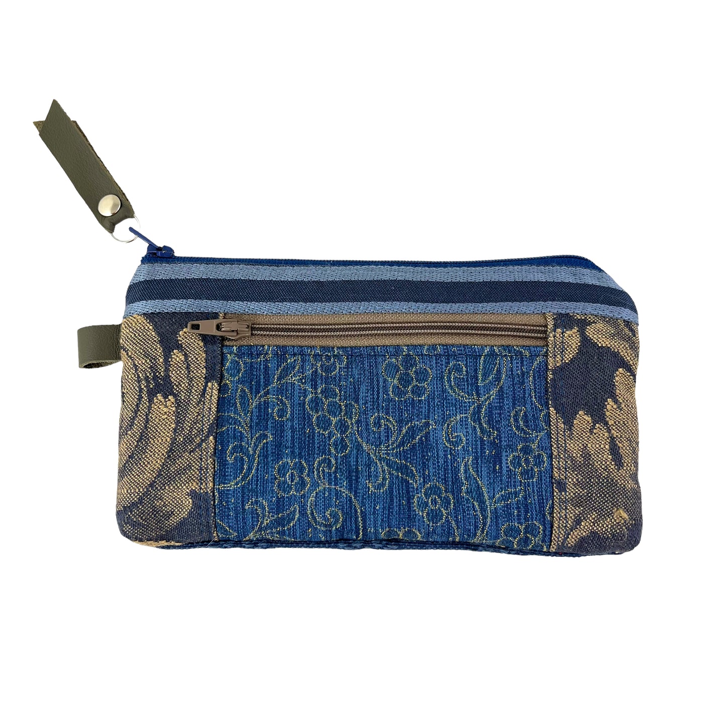 Blue Taupe Patchwork Tapestry Zipper Card Wallet