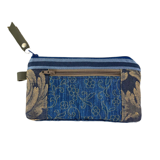 Blue Taupe Patchwork Tapestry Zipper Card Wallet