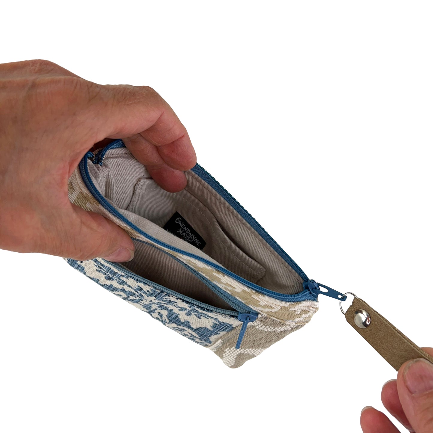 Beige White Blue Patchwork Tapestry Zipper Card Wallet