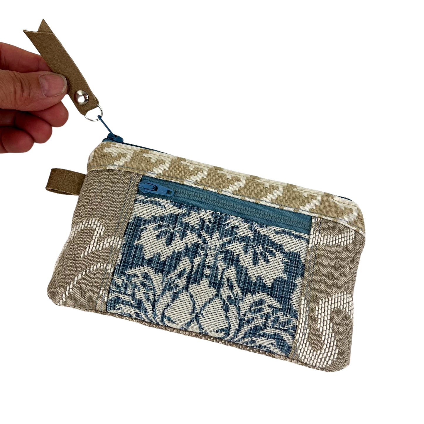 Beige White Blue Patchwork Tapestry Zipper Card Wallet