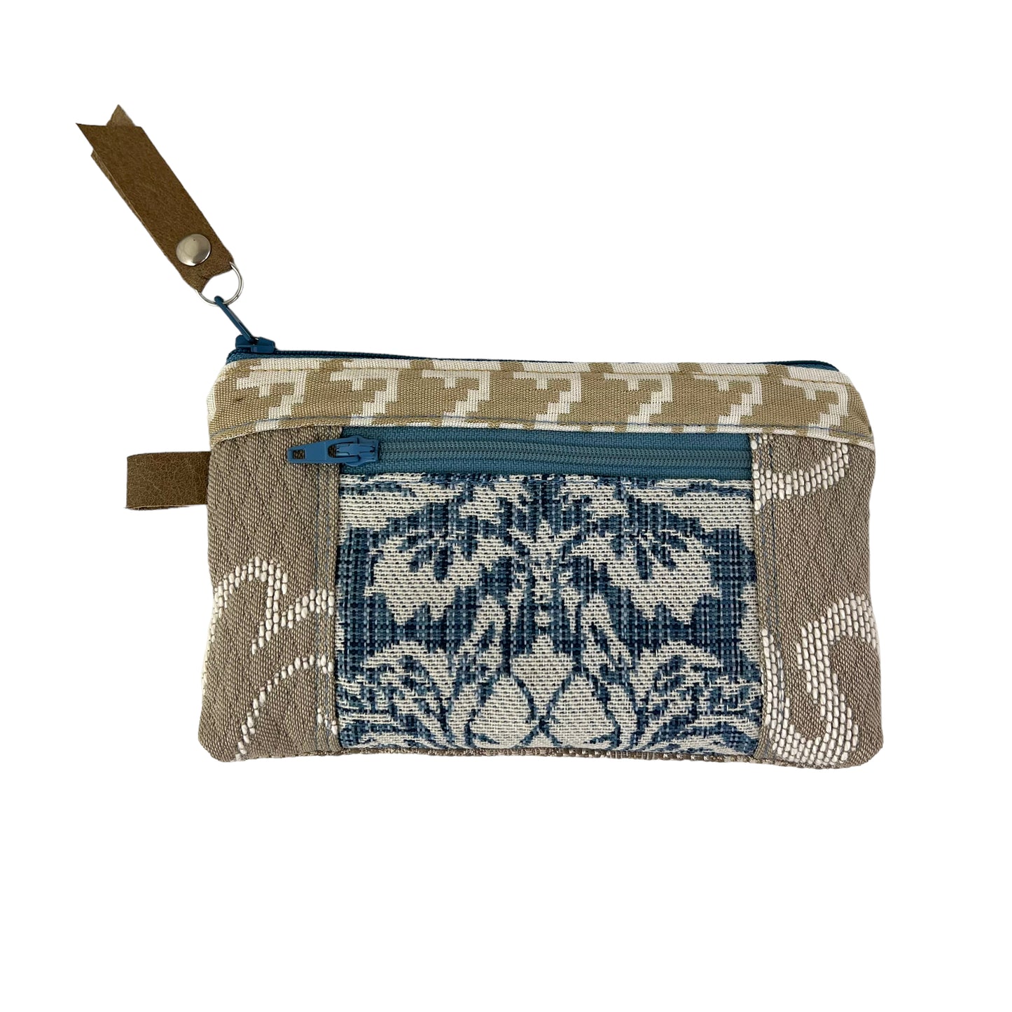 Beige White Blue Patchwork Tapestry Zipper Card Wallet