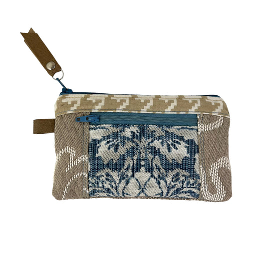 Beige White Blue Patchwork Tapestry Zipper Card Wallet