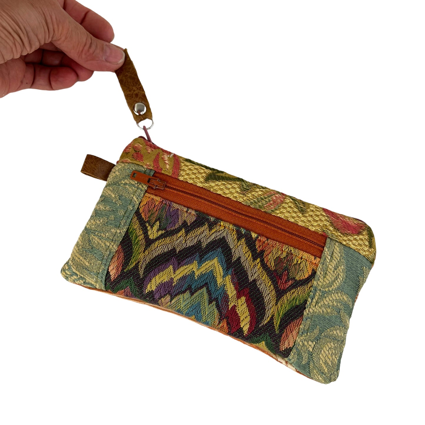 Green Yellow Orange Patchwork Tapestry Zipper Card Wallet