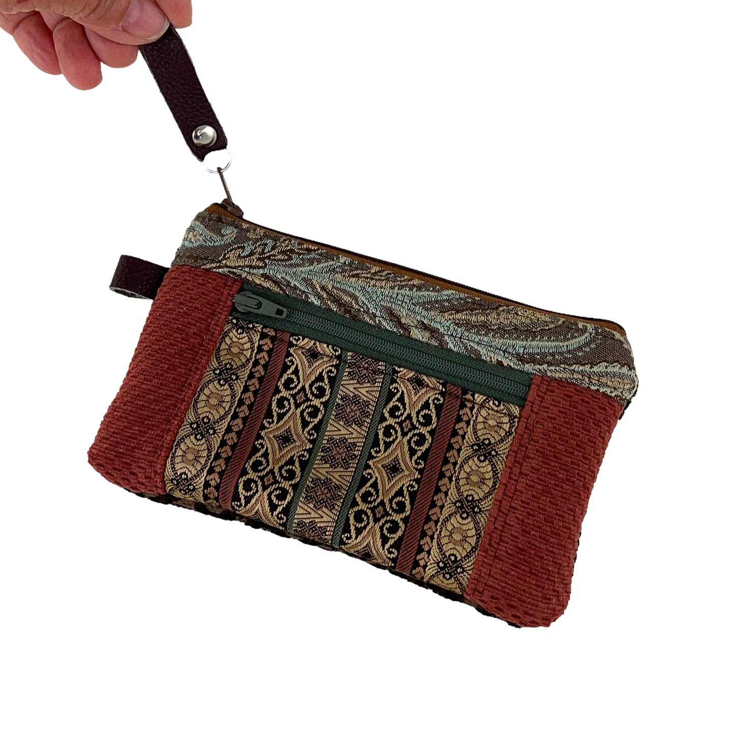 Rust Brown Patchwork Tapestry Zipper Card Wallet