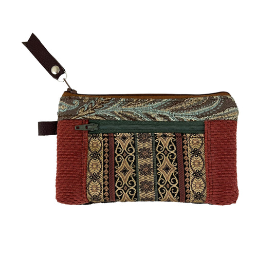 Rust Brown Patchwork Tapestry Zipper Card Wallet