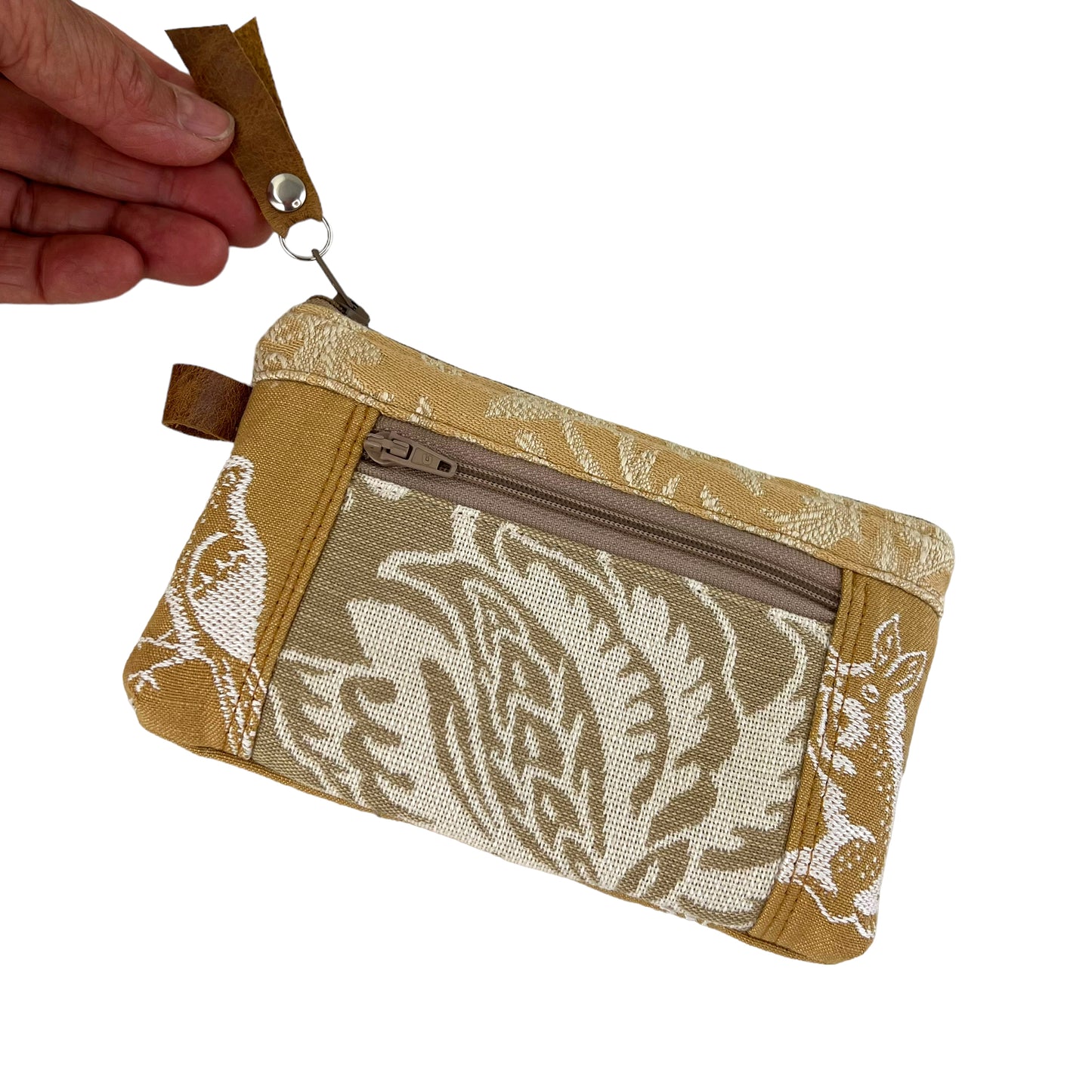 Ivory Beige Gold Patchwork Tapestry Zipper Card Wallet