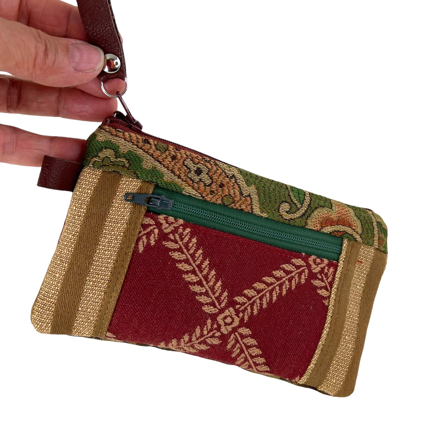 Red Gold Green Patchwork Tapestry Zipper Card Wallet