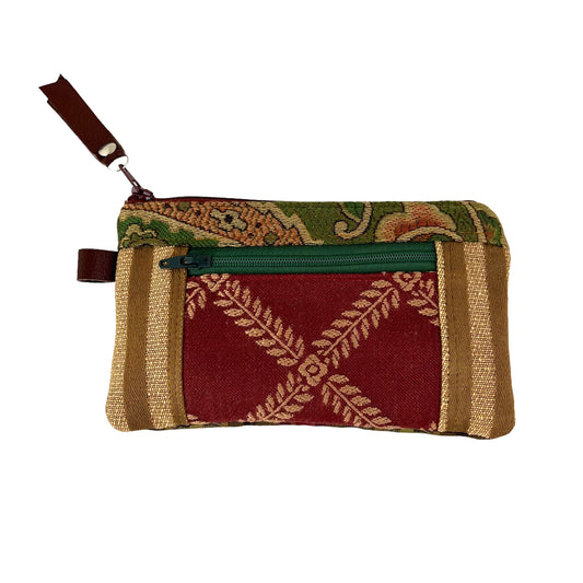 Red Gold Green Patchwork Tapestry Zipper Card Wallet