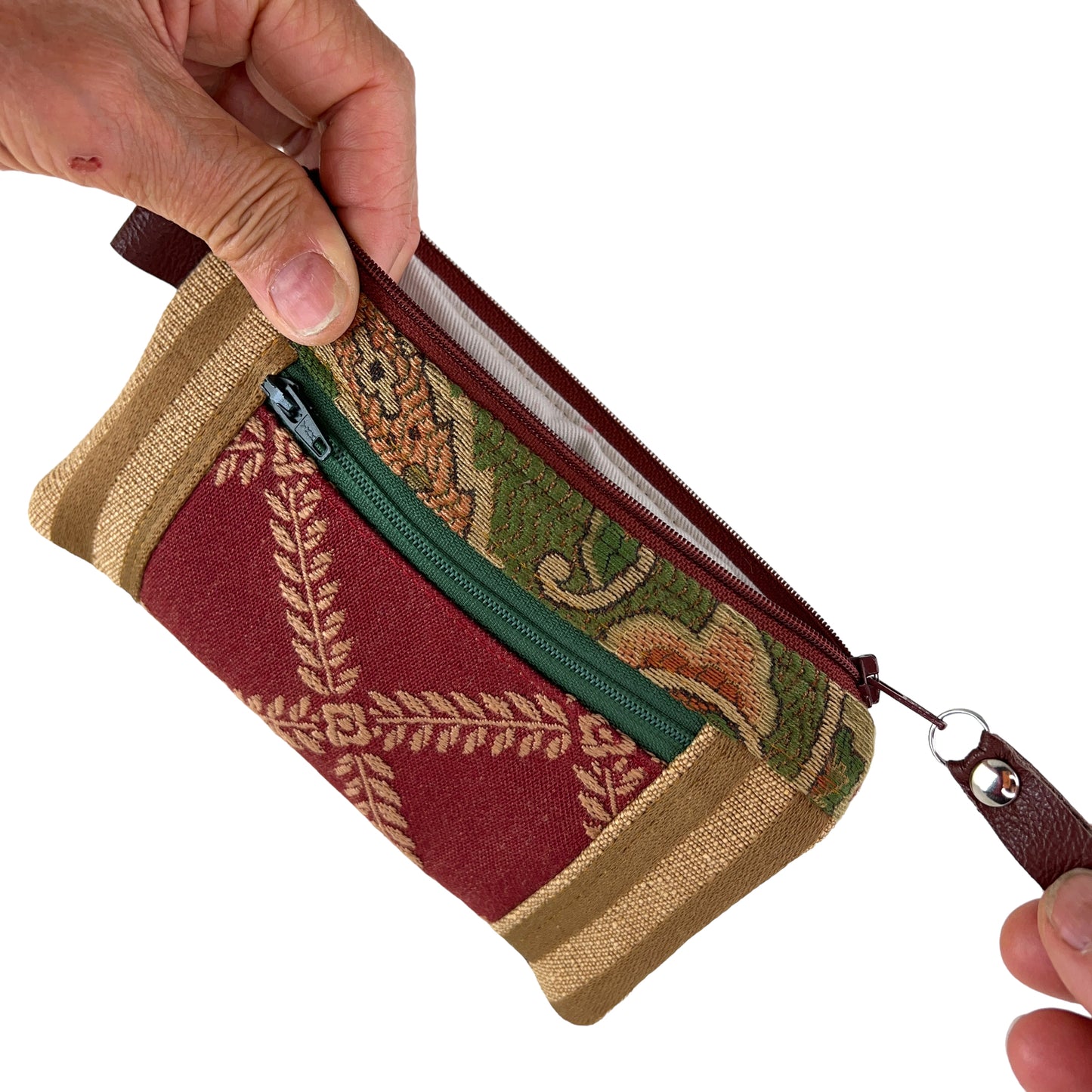 Red Gold Green Patchwork Tapestry Zipper Card Wallet
